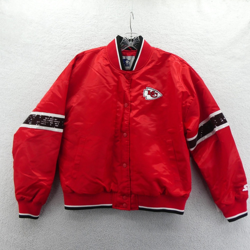 Starter Jacket Women Medium Kansas City‎ Chiefs Red Sequin Satin Bomber NFL Fan